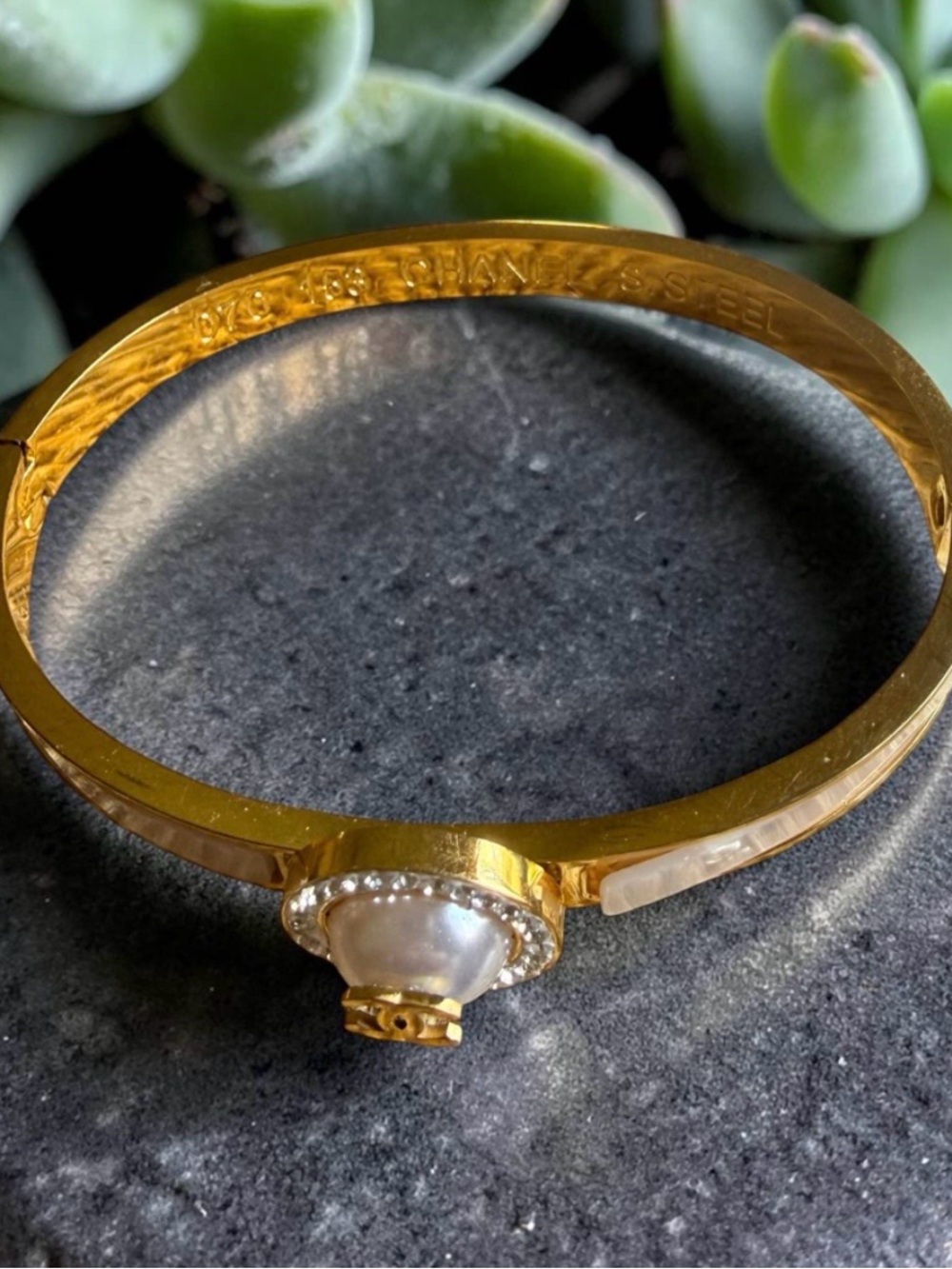 CHANEL Gold-Tone Pearl CC Logo Bangle with Clear Crystals - Picture 2 of 3